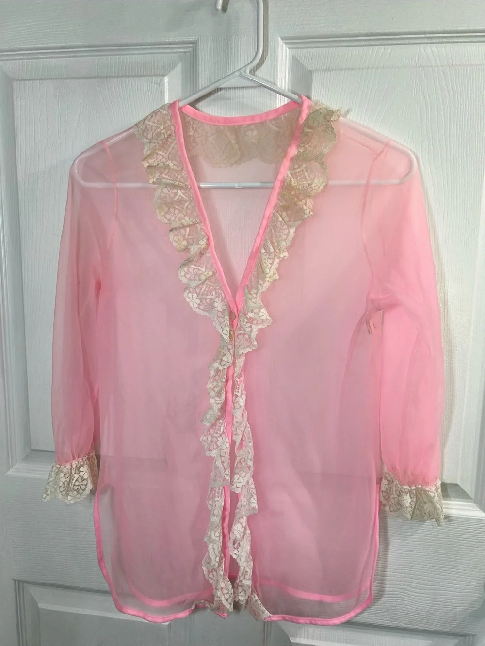 Vintage Pink Sheer Bed Jacket Peignoir Cream Lace Coquette Size 10